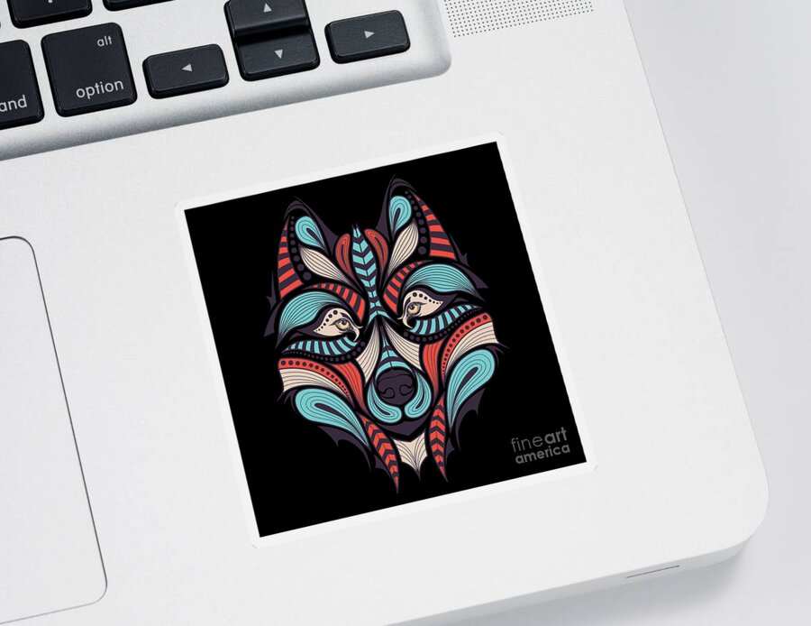Cunning Sticker featuring the digital art Patterned Colored Head Of The Wolf by Sunny Whale