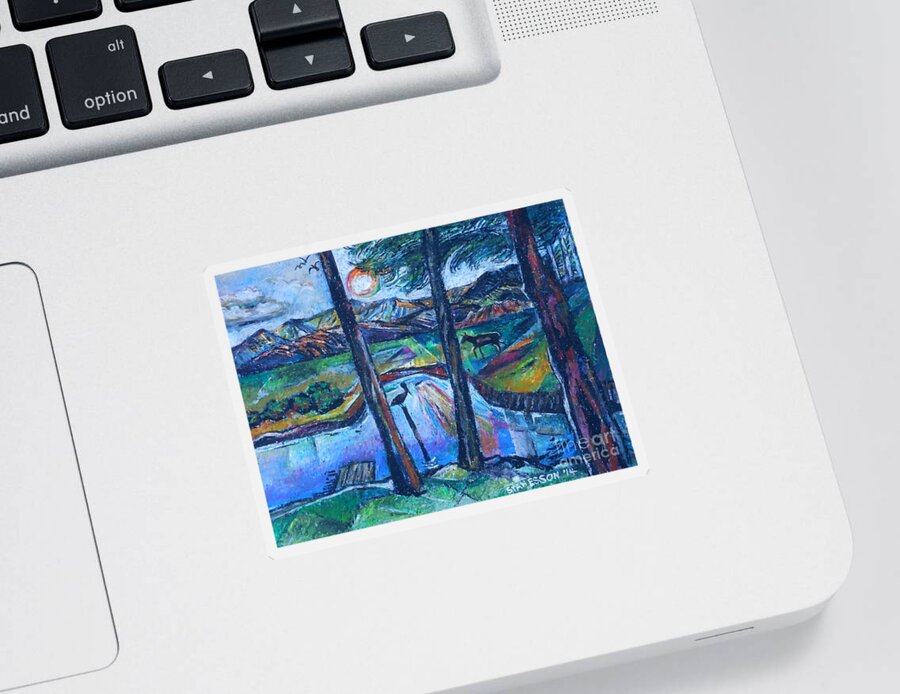 Pelican Sticker featuring the painting Pelican and Moose In Landscape by Stan Esson