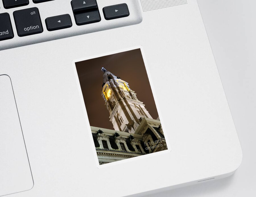 Philadelphia Sticker featuring the photograph Philadelphia City Hall Clock Tower at Night by Gary Whitton