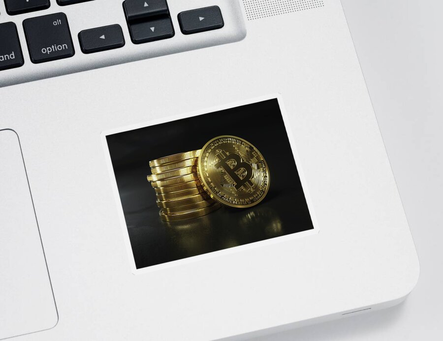 Bit Coin Sticker featuring the photograph Pile Of Shiny New Gold Bitcoins by Ikon Ikon Images