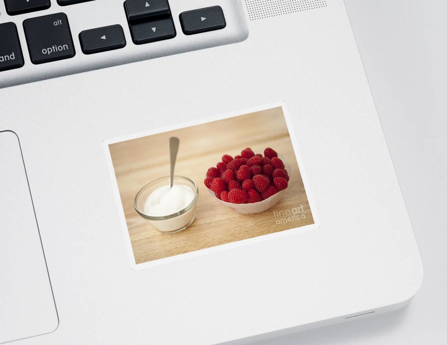 Abundance Sticker featuring the photograph Raspberries In Bowl, Custard Glass by Jim Corwin