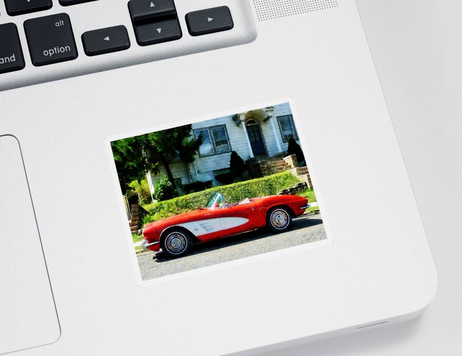 Car Sticker featuring the photograph Red and White Corvette Convertible by Susan Savad
