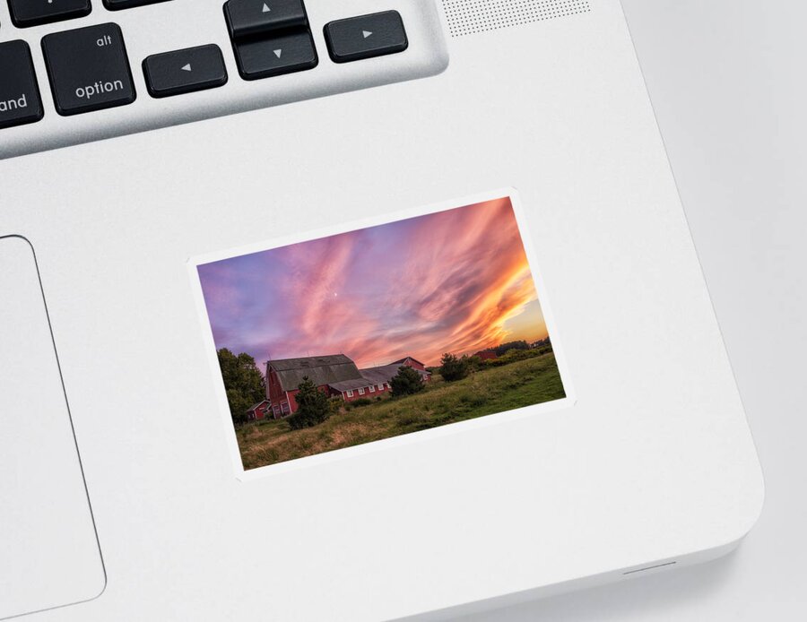 Red Barn Sunset Sticker featuring the photograph Red Barn Sunset by Mark Papke