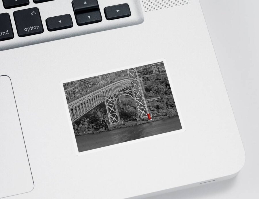Autumn Sticker featuring the photograph Red Lighthouse And Great Gray Bridge BW by Susan Candelario