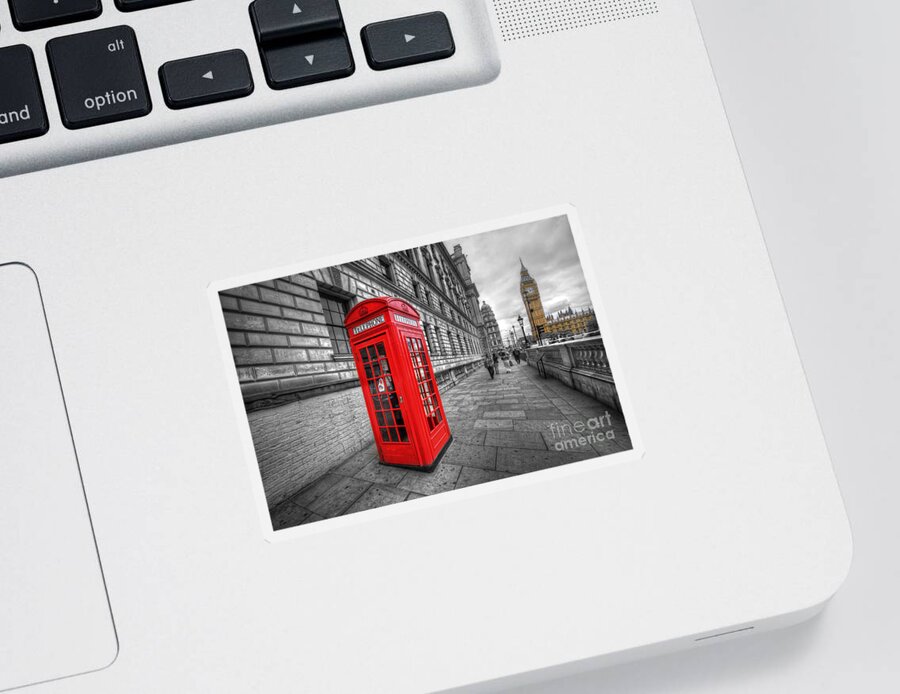 Yhun Suarez Sticker featuring the photograph Red Phone Box And Big Ben by Yhun Suarez