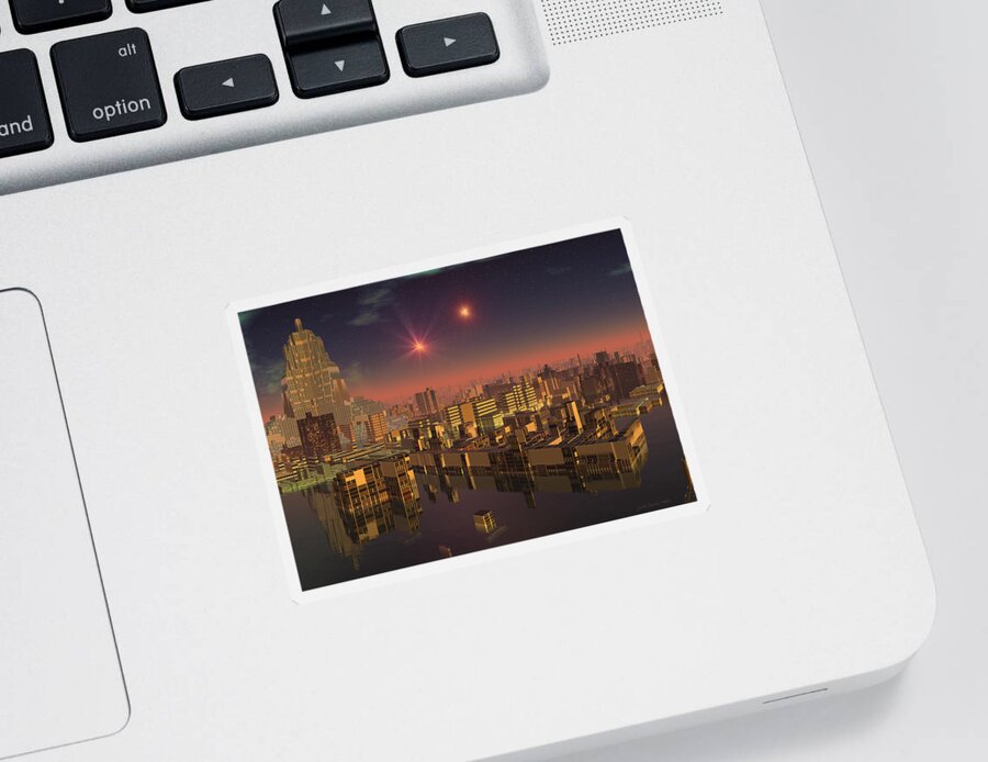 Sci Fi Sticker featuring the digital art Rujjipet Sunset Alien Cityscape by Judi Suni Hall