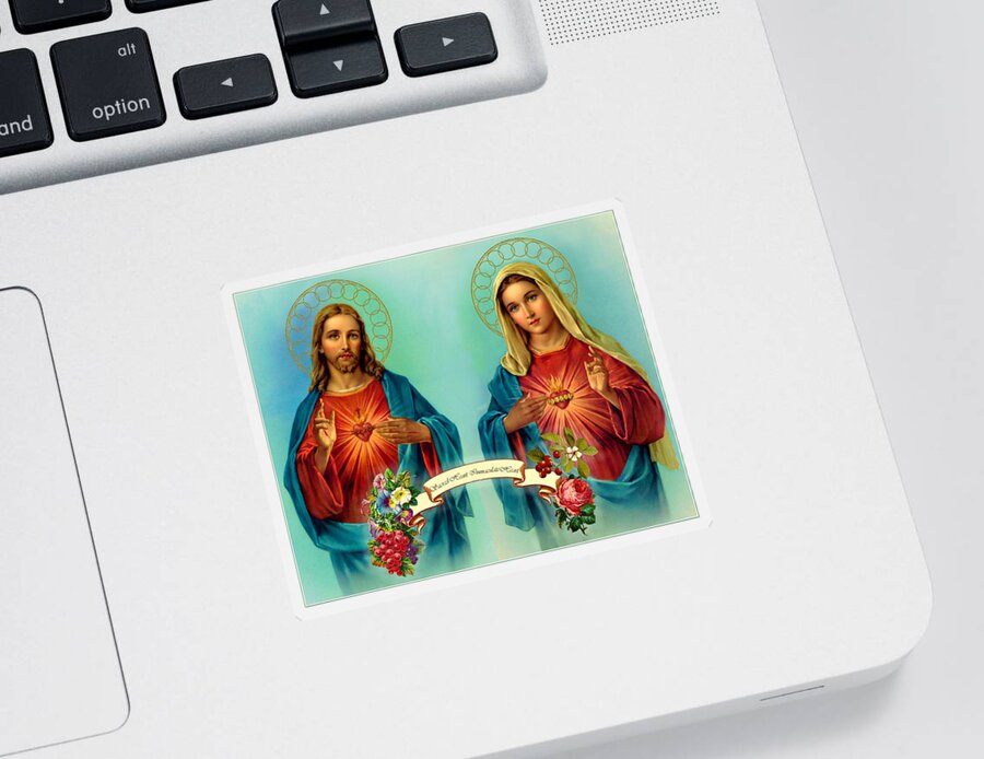 Jesus Sticker featuring the painting Sacred Heart Immaculate Heart by Movie Poster Prints