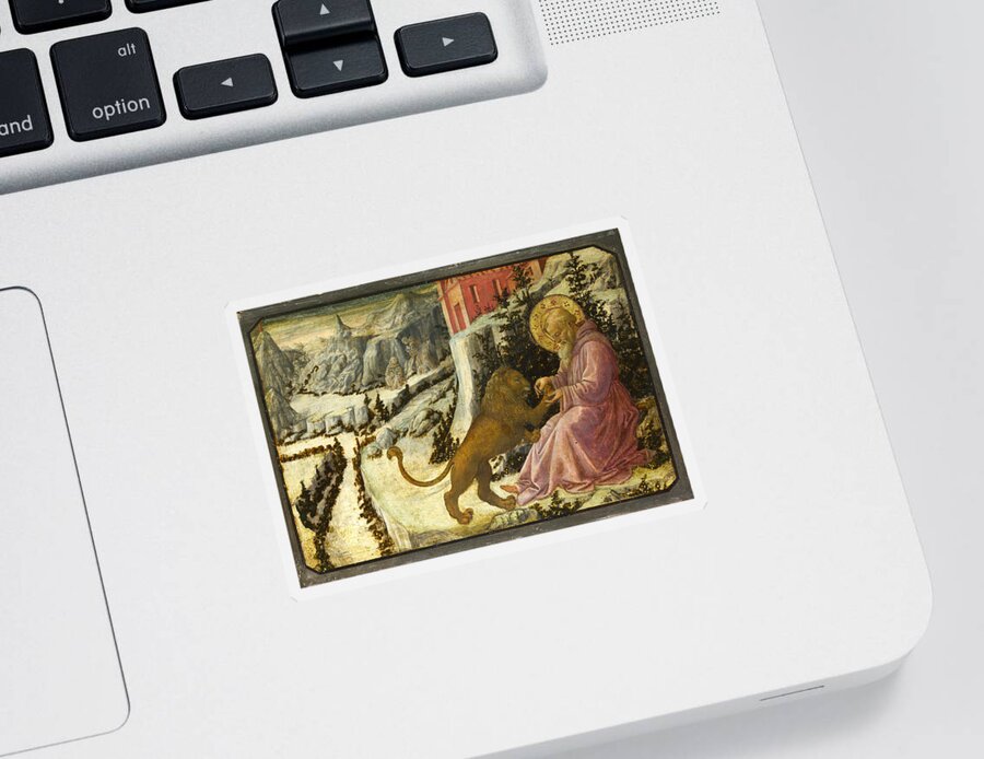 Fra Filippo Lippi And Workshop Sticker featuring the painting Saint Jerome and the Lion - Predella Panel by Fra Filippo Lippi and Workshop