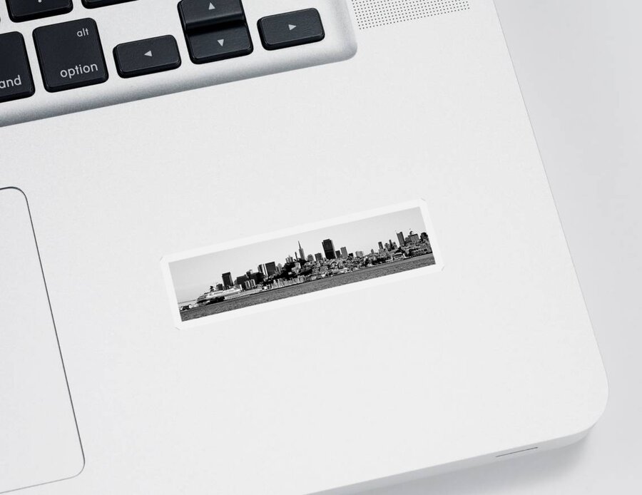 San Sticker featuring the photograph San Fran Skyline Panorama Black And White by Benjamin Yeager