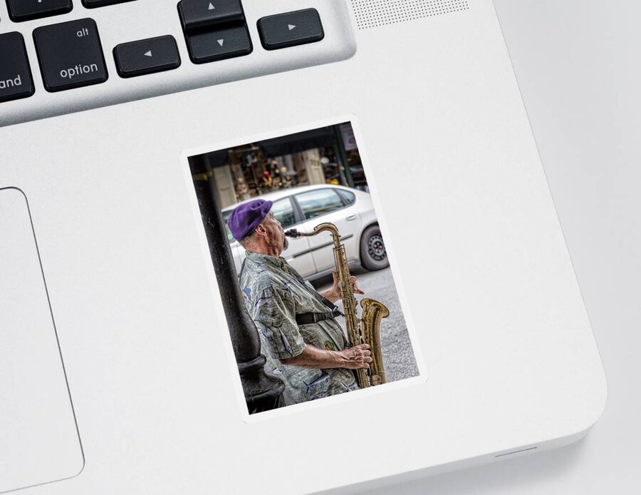 Hat Sticker featuring the photograph Sax In The Street by Jim Shackett