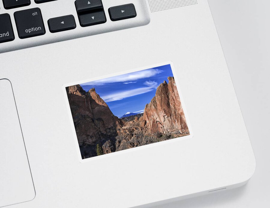 Scenic Blue Sky Rocky Mountain Cliffs Photography Sticker featuring the photograph Scenic Blue Sky View Between Smith Rock Mountain Rugged Cliffs by Jerry Cowart