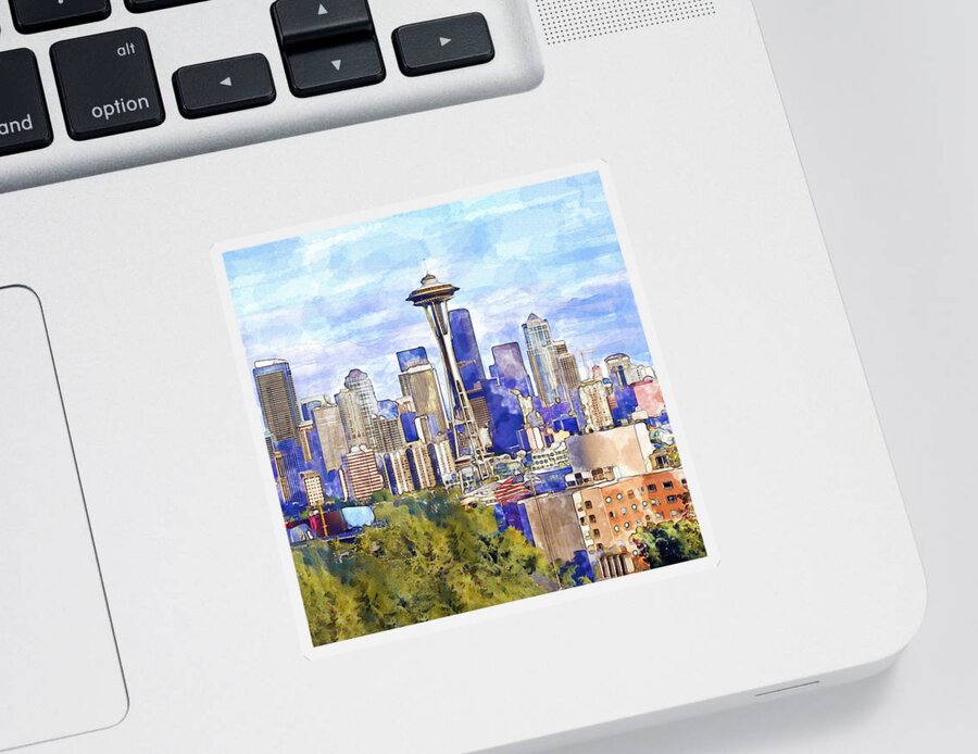 Marian Voicu Sticker featuring the painting Seattle View in watercolor by Marian Voicu