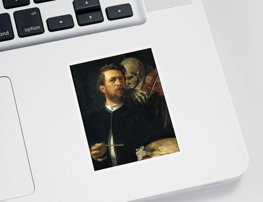 Arnold Boecklin Sticker featuring the painting Self-Portrait with Death as a Fiddler by Arnold Boecklin