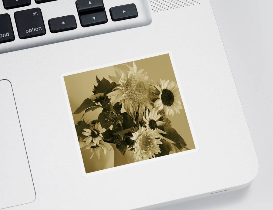 Sepia Sunflowers Sticker featuring the photograph Sepia Garden Sunflower Bouquet by Mary Wolf