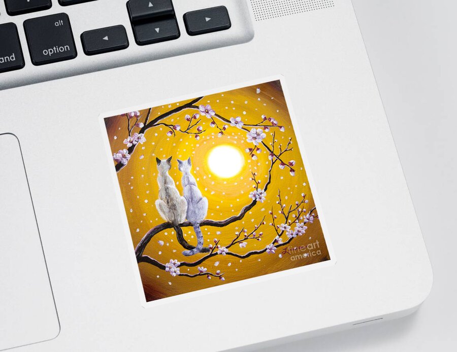 Zen Sticker featuring the painting Siamese Cats Nestled in Golden Sakura by Laura Iverson