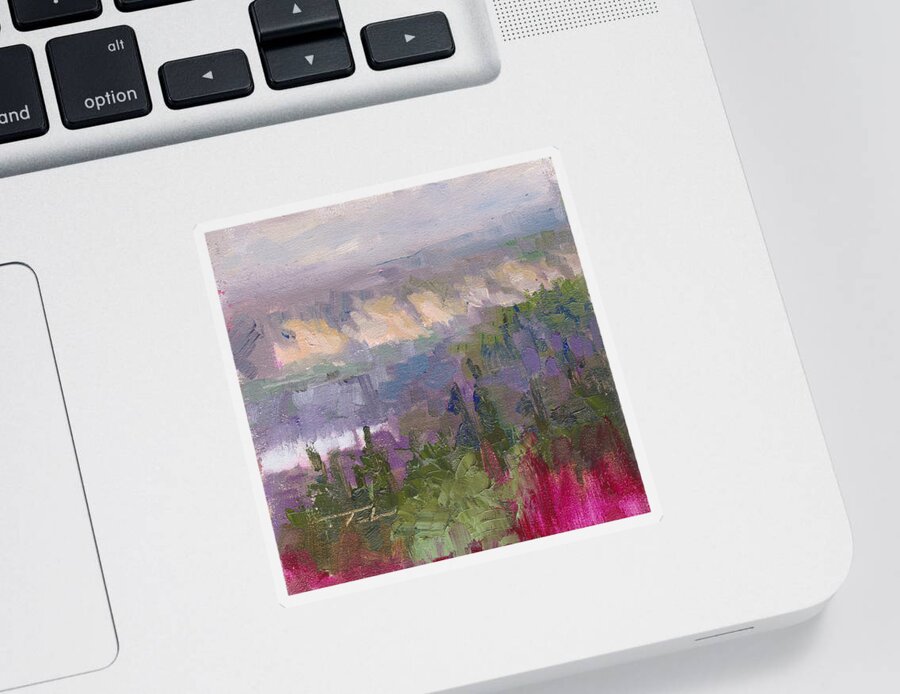 Scenic Sticker featuring the painting Silver and Gold - Matanuska canyon cliffs river fireweed by Talya Johnson