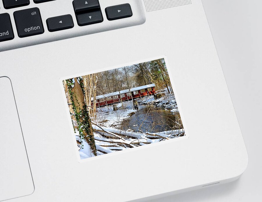 Bridge Sticker featuring the photograph Snow covered bridge by Janice Drew