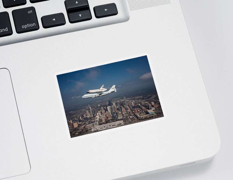 Space Shuttle Sticker featuring the photograph Space Shuttle Endeavour Over Houston Texas by Movie Poster Prints