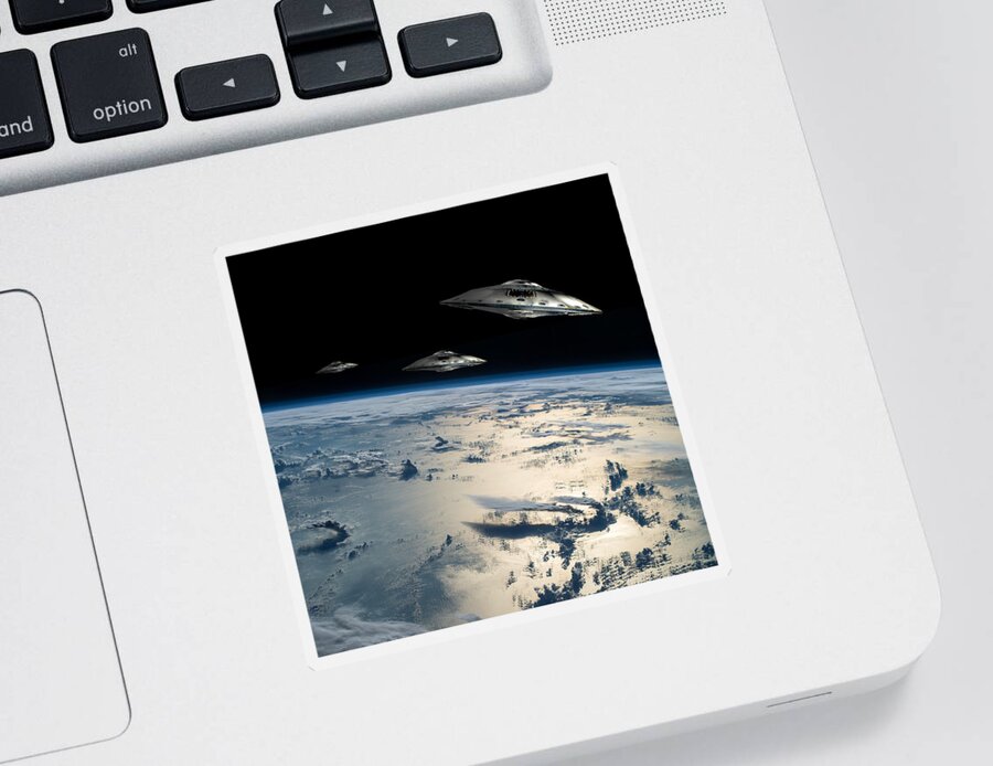 Area 51 Sticker featuring the photograph Spaceships In Orbit Over Earth by Marc Ward