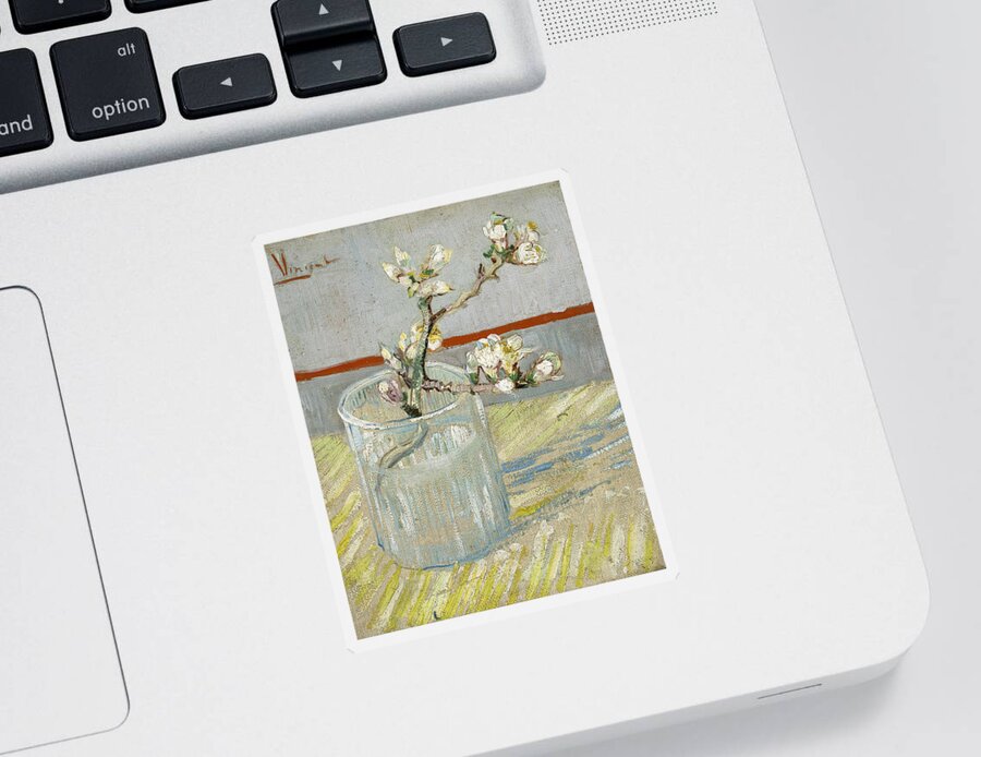 Vincent Van Gogh Sticker featuring the painting Sprig of flowering almond in a glass by Vincent van Gogh