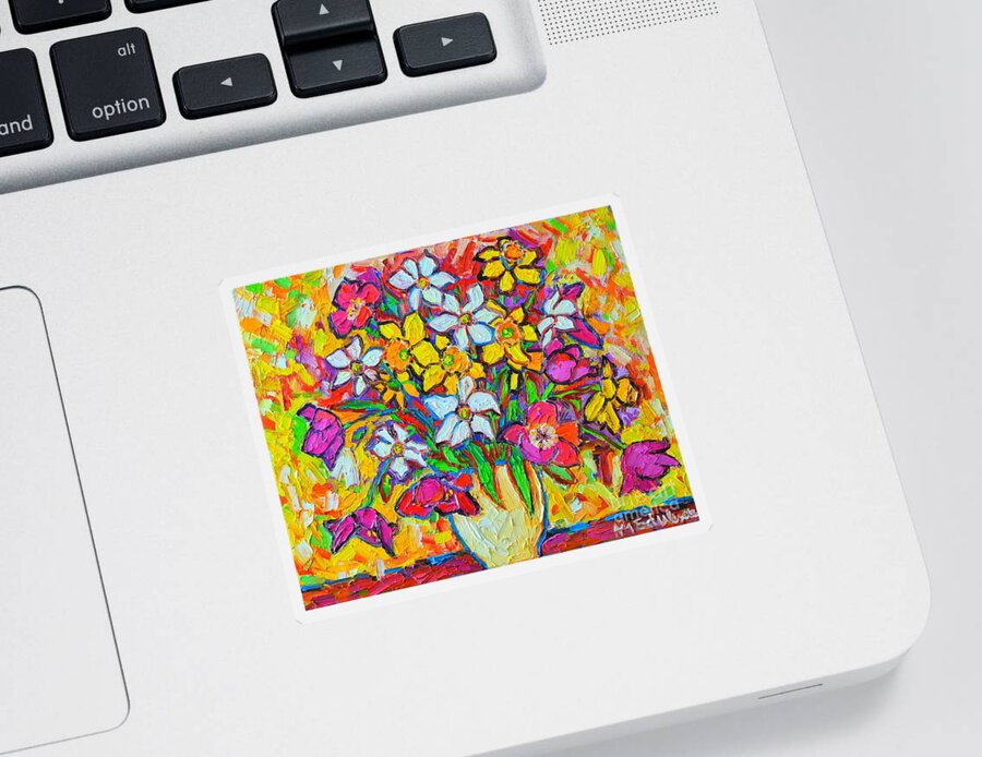 Daffodil Sticker featuring the painting Spring Flowers Bouquet Colorful Tulips And Daffodils by Ana Maria Edulescu