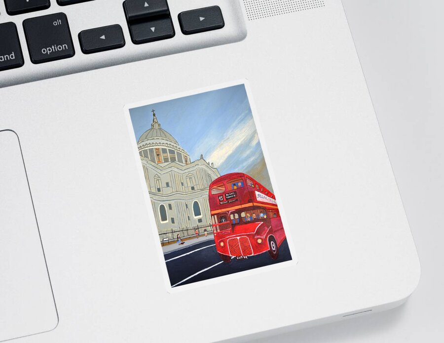 S T. Paul Cathedral And London Bus Sticker featuring the painting St. Paul Cathedral and London bus by Magdalena Frohnsdorff