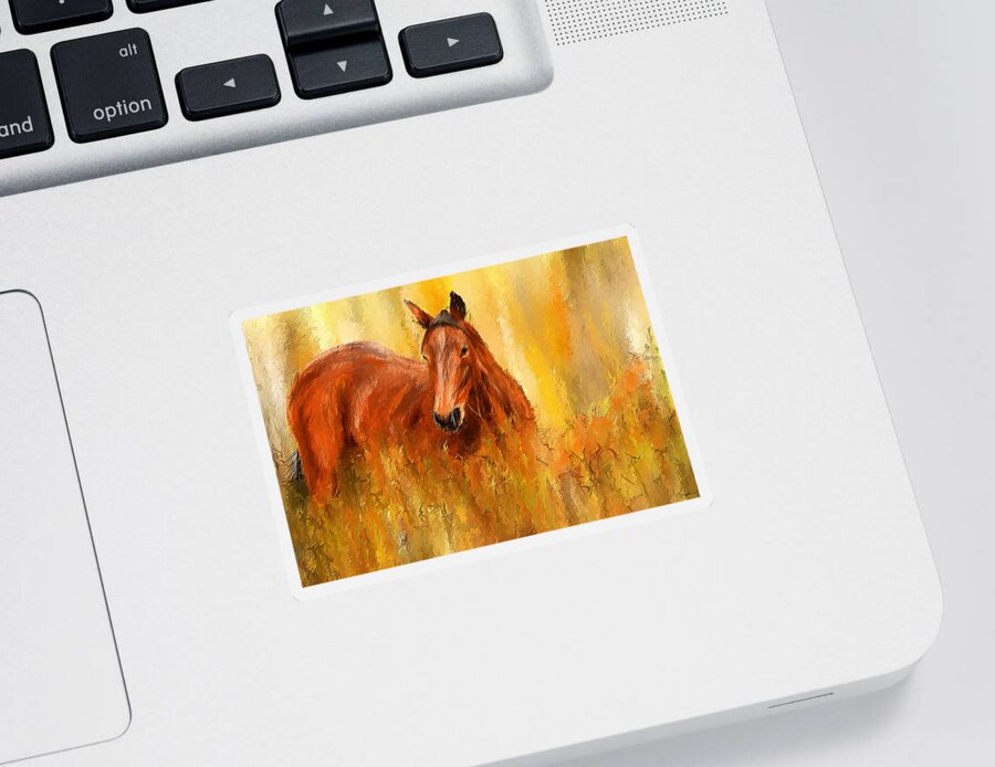 Bay Horse Paintings Sticker featuring the painting Stallion in Autumn - Bay Horse Paintings by Lourry Legarde