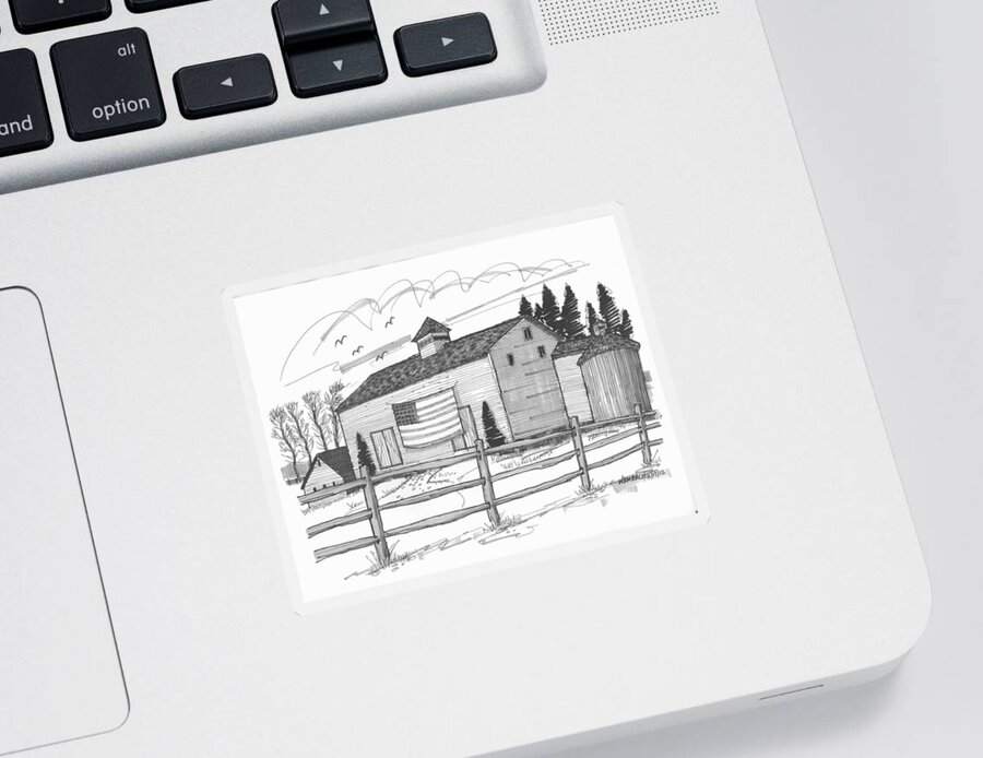 Barn Sticker featuring the drawing Stone Ridge Barn with Flag by Richard Wambach