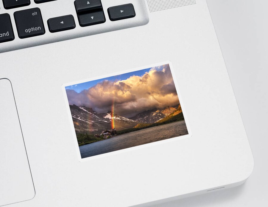 Many Glacier Hotel Sticker featuring the photograph Sunrise Rainbow by Mark Kiver