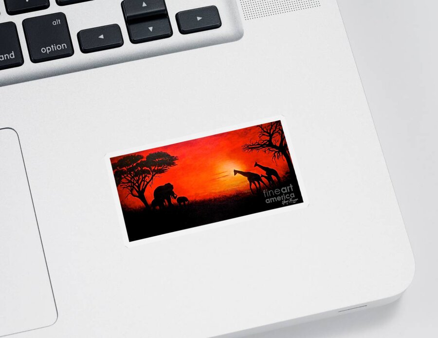 Acacia Trees Sticker featuring the painting Sunset at Serengeti by Sher Nasser