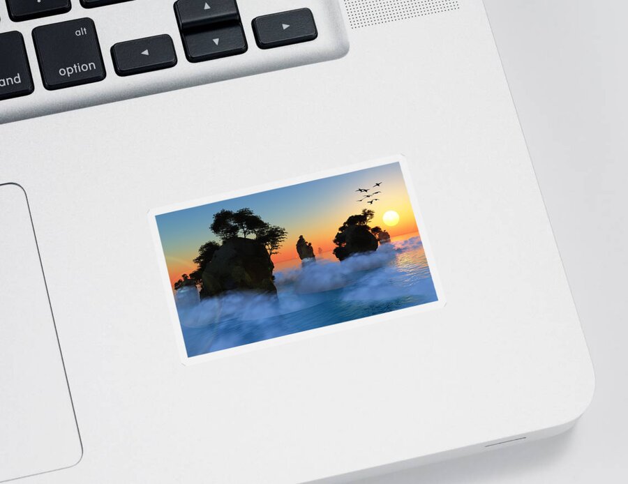 Sun Sticker featuring the digital art Sunset or sunrise with rocky islands by Bruce Rolff