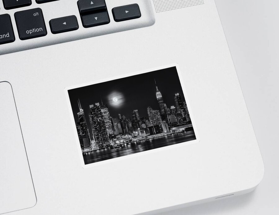 Empire State Building Sticker featuring the photograph Super Moon Over NYC BW by Susan Candelario