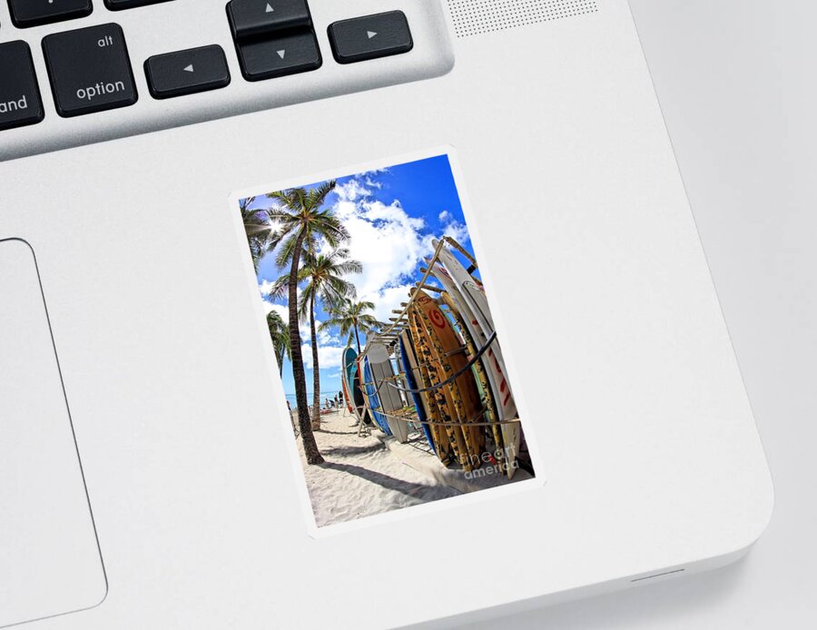 Hawaii Sticker featuring the photograph Surf and Sun Waikiki by DJ Florek