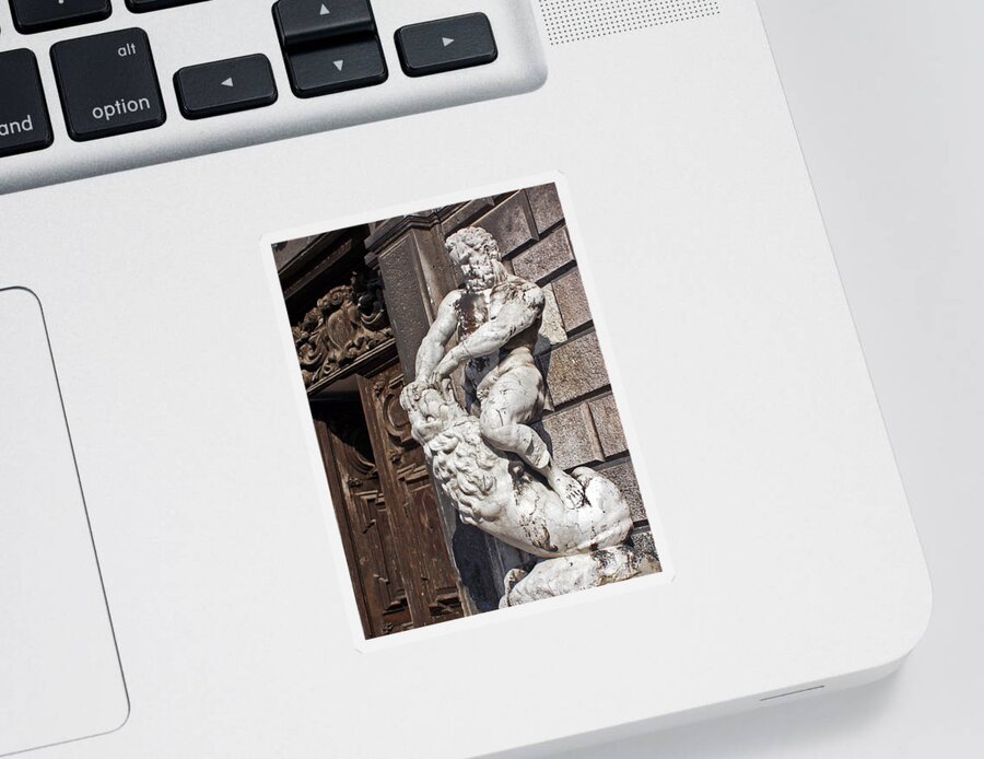 Statue Of Nude Man And Lion Sticker featuring the photograph Taken by Force by Jennifer Robin