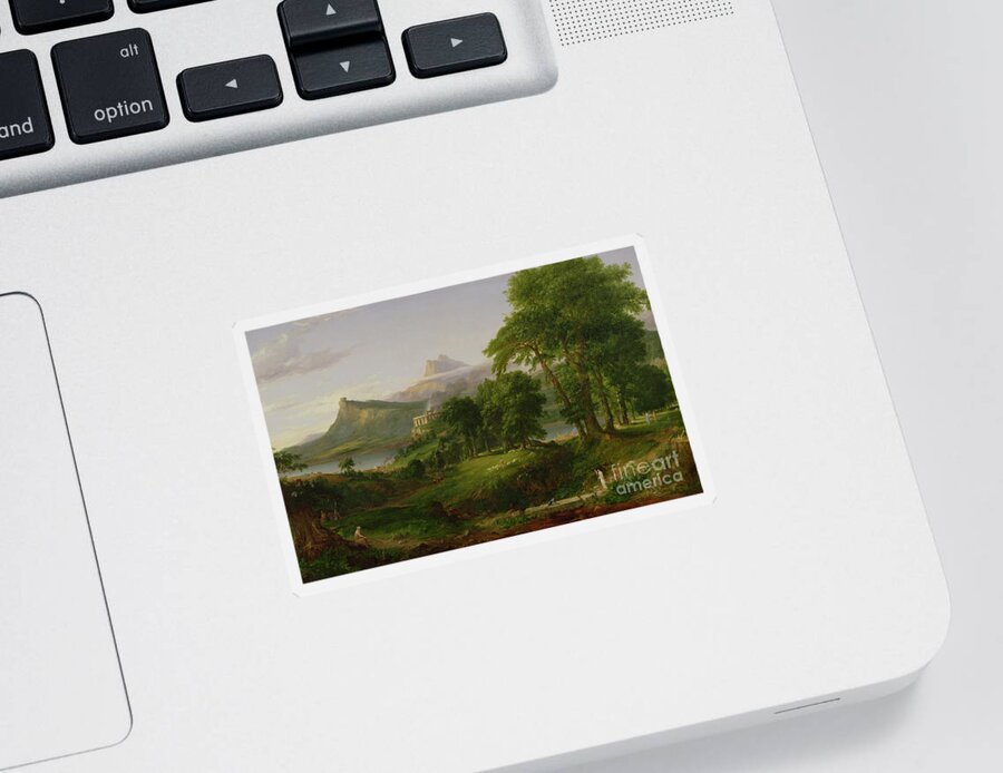 Thomas Sticker featuring the painting The Course of Empire  The Arcadian or Pastoral State by Thomas Cole