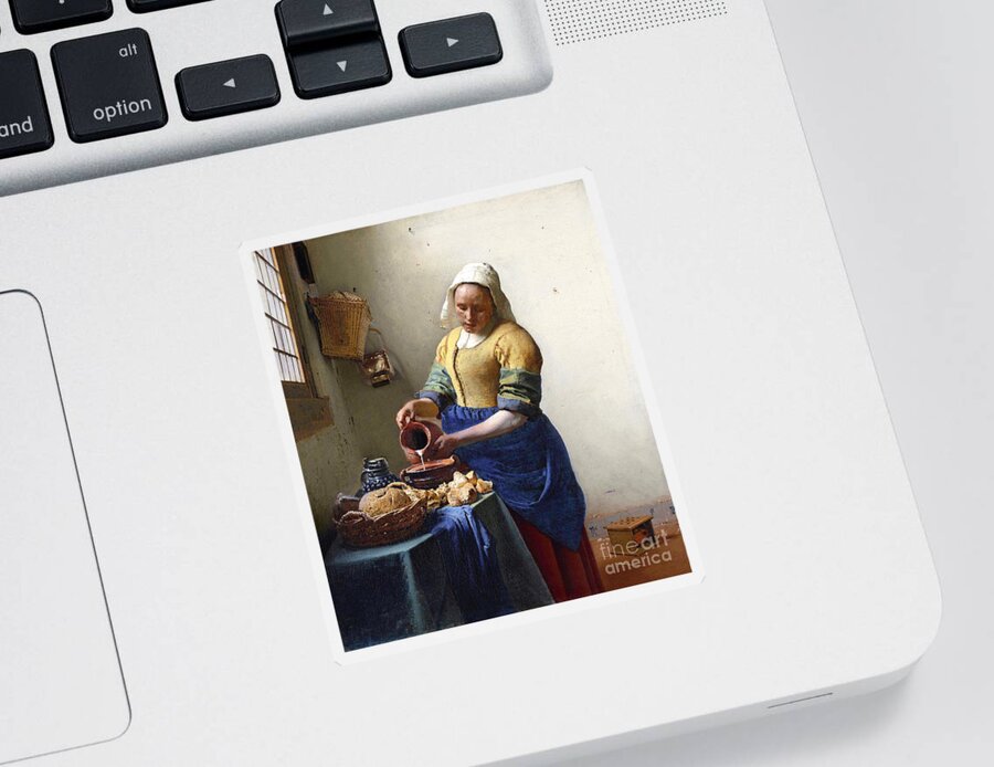 Female Portrait; Kitchen; Scullery; Interior; Bread Basket; Table; Loaf; Bonnet; Servant; Pouring; Milk; Maid; Domestic; Rustic; La Laitiere Sticker featuring the painting The Milkmaid by Jan Vermeer