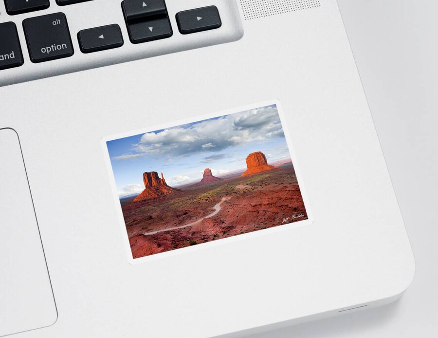 Arizona Sticker featuring the photograph The Mittens and Merrick Butte at Sunset by Jeff Goulden