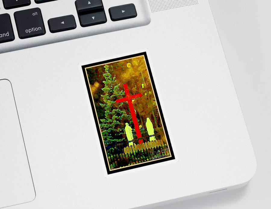  Sticker featuring the painting The Single Cross - A Simple Shrine Notre Dame De Lourdes - Red Cross At The Grotto - Carole Spandau by Carole Spandau
