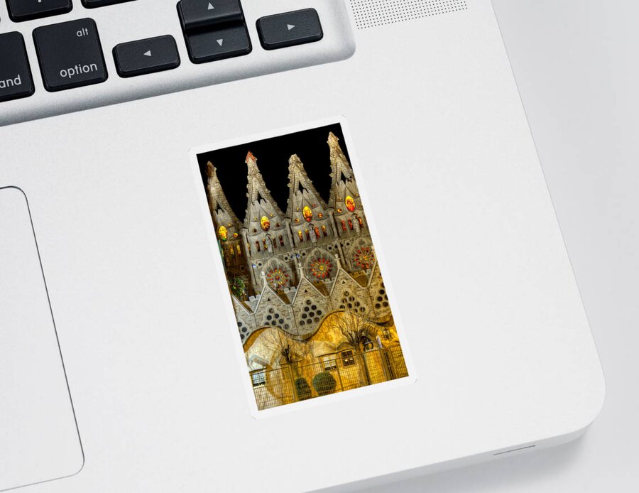 Sagrada Familia Sticker featuring the photograph Three tiers - Sagrada Familia at night - Gaudi by Weston Westmoreland