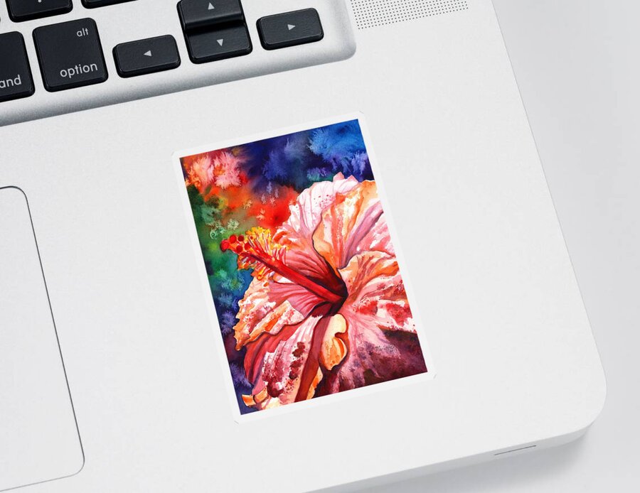 Pink Hibiscus Sticker featuring the painting Tropical Pink Hibiscus by Marionette Taboniar