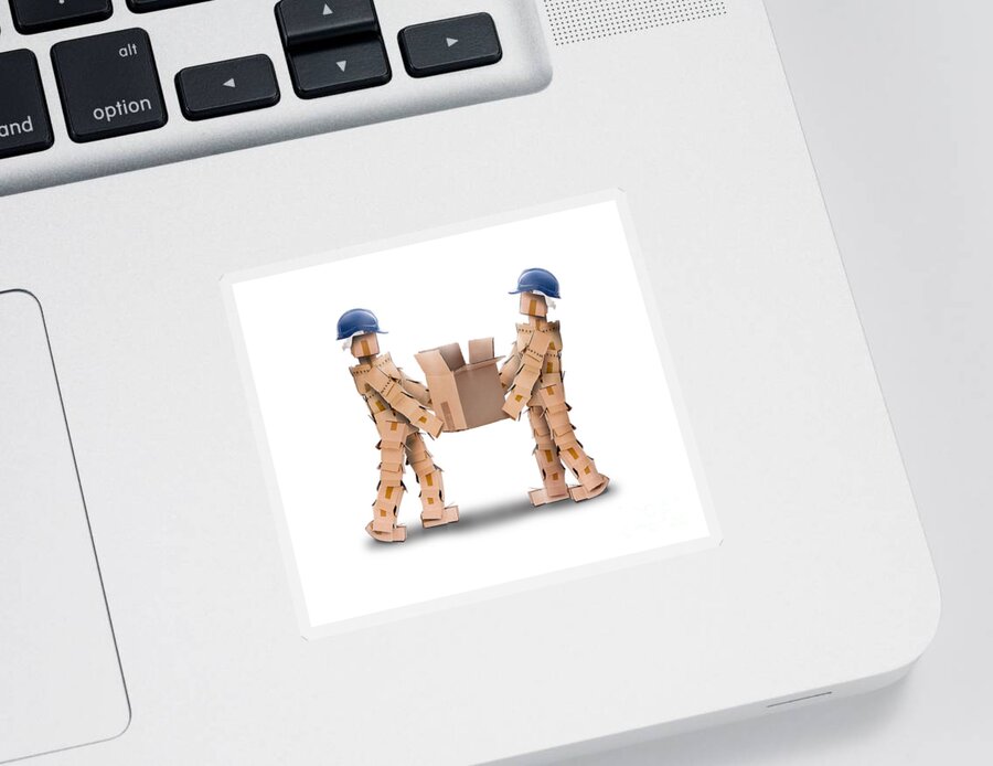 Worker Sticker featuring the photograph Two workmen lifting a box by Simon Bratt
