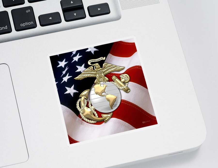 'military Insignia & Heraldry 3d' Collection By Serge Averbukh Sticker featuring the digital art U. S. Marine Corps - U S M C Eagle Globe and Anchor over American Flag. by Serge Averbukh