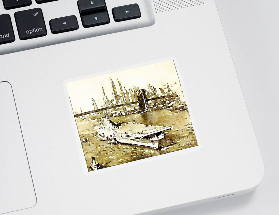 Navy Sticker featuring the painting USS Tarawa NYC and Brooklyn Bridge by HELGE Art Gallery