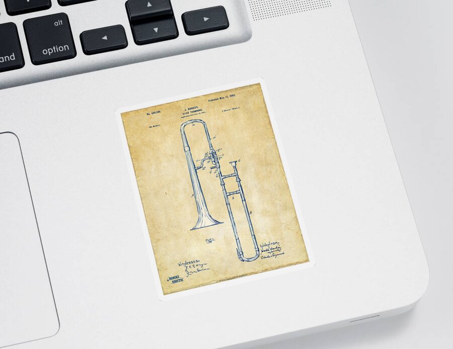 Trombone Sticker featuring the digital art Vintage 1902 Slide Trombone Patent Artwork by Nikki Marie Smith