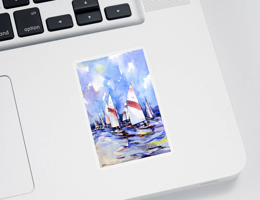 Bay Sticker featuring the painting Watercolor of scow boats racing Torch Lake MI by Ryan Fox