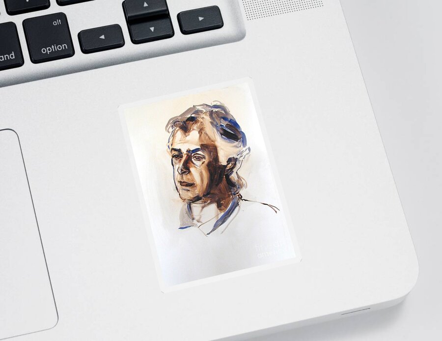 Greta Corens Portraits Sticker featuring the painting Watercolor Portrait sketch of a man in monochrome by Greta Corens