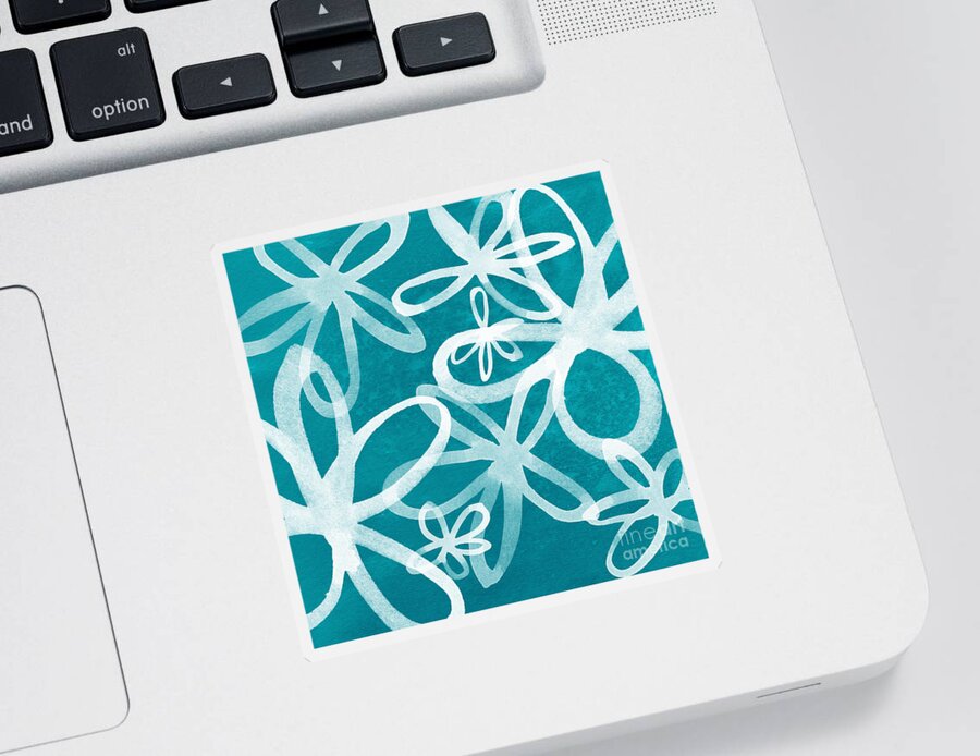 Large Abstract Floral Painting Sticker featuring the painting Waterflowers- teal and white by Linda Woods