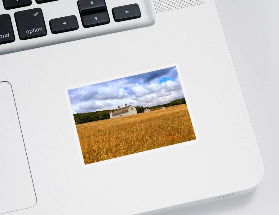 White Barn And Field Sticker featuring the photograph White Barn and Field by Rachel Cohen