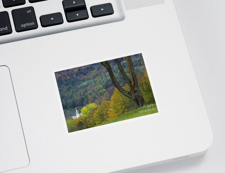 Village Sticker featuring the photograph White Steepled Church With Fall Color by Ellen Thane
