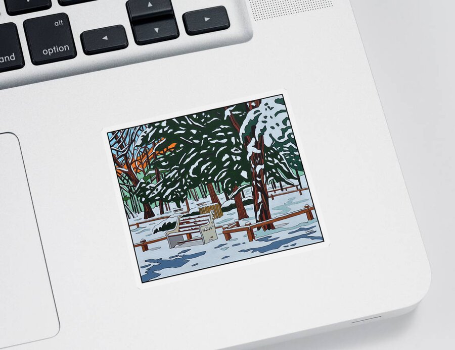 Valley Stream Sticker featuring the painting Winter on State Park Bench by Mike Stanko